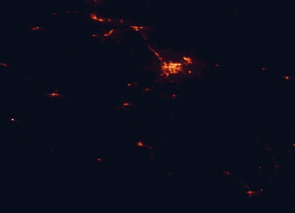 Satellite night-light map of the 100 km around Custer State Park, with Rapid City, Rapid Valley and Box Elder marked
