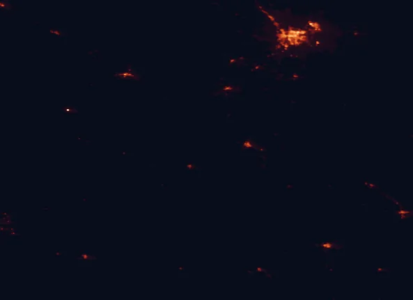 Satellite night-light map of the 100 km around Fossil Cycad National Monument, with Rapid City, Box Elder and Rapid Valley marked
