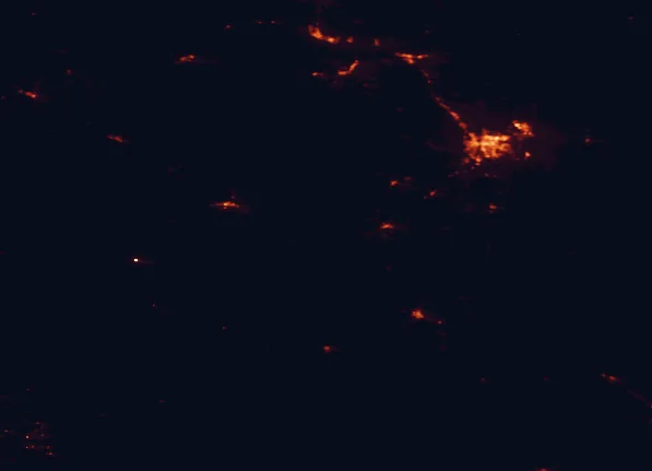 Satellite night-light map of the 100 km around Jewel Cave National Monument, with Rapid City, Spearfish and Box Elder marked