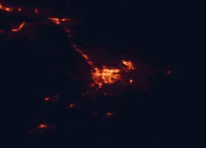 Satellite night-light map of the 50 km around Rapid City, with Rapid Valley, Box Elder and Ellsworth Air Force Base marked