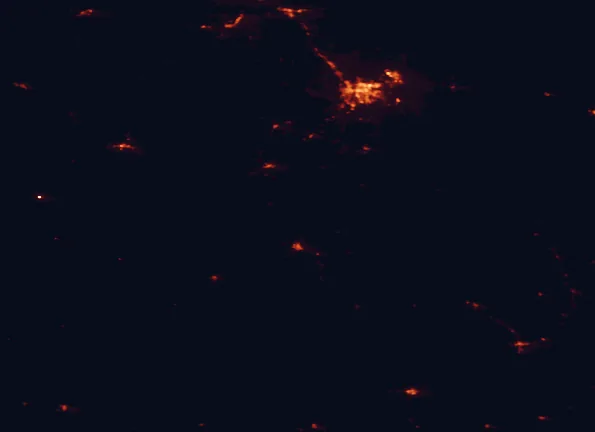 Satellite night-light map of the 100 km around Wind Cave National Park, with Rapid City, Box Elder and Rapid Valley marked