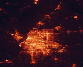 Satellite night-light map of the 50 km around Bartlett, with Memphis, Cordova and Ellendale marked