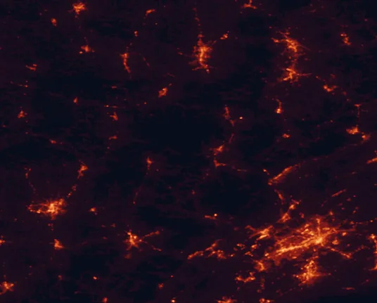 Satellite night-light map of the 100 km around Big South Fork National River and Recreation Area, with Knoxville, Oak Ridge and Cookeville marked