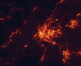 Satellite night-light map of the 50 km around Chattanooga, with East Chattanooga, East Ridge and Cleveland marked