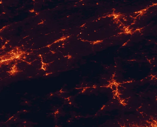 Satellite night-light map of the 100 km around Cherokee National Forest, with Knoxville, Asheville and Johnson City marked