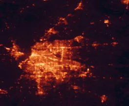 Satellite night-light map of the 50 km around Cordova, with Memphis, Bartlett and Germantown marked