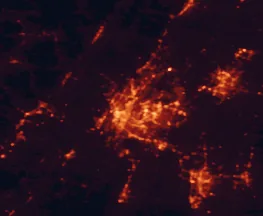 Satellite night-light map of the 50 km around East Chattanooga, with Chattanooga, East Ridge and Cleveland marked