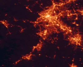 Satellite night-light map of the 50 km around Franklin, with Nashville, Murfreesboro and Brentwood marked