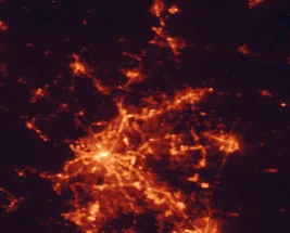 Satellite night-light map of the 50 km around Hendersonville, with Nashville, Hermitage and Mount Juliet marked