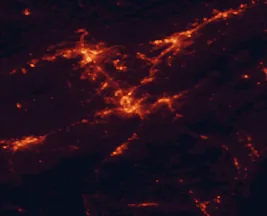 Satellite night-light map of the 50 km around Johnson City, with Kingsport, Bristol and Elizabethton marked