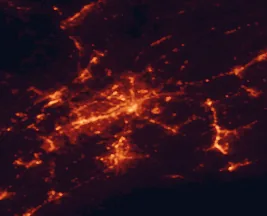 Satellite night-light map of the 50 km around Knoxville, with Maryville, Oak Ridge and Farragut marked