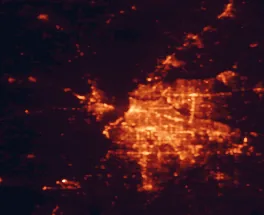 Satellite night-light map of the 50 km around Memphis, with Bartlett, Cordova and Southaven marked