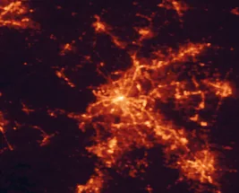 Satellite night-light map of the 50 km around Nashville, with Murfreesboro, Franklin and Hendersonville marked