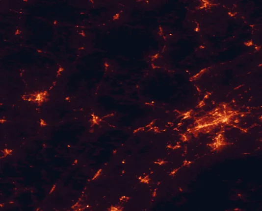 Satellite night-light map of the 100 km around Obed Wild and Scenic River, with Knoxville, Oak Ridge and Cookeville marked