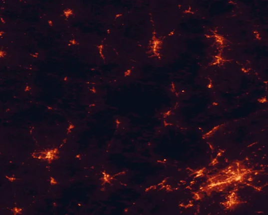 Satellite night-light map of the 100 km around Pickett Civilian Conservation Corps Memorial State Park, with Knoxville, Cookeville and Oak Ridge marked