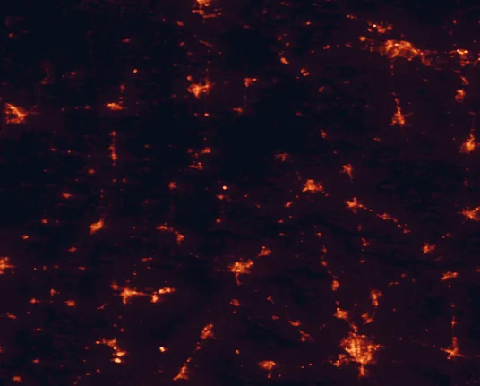 Satellite night-light map of the 100 km around Reelfoot Lake State Park, with Jackson, Dyersburg and Union City marked