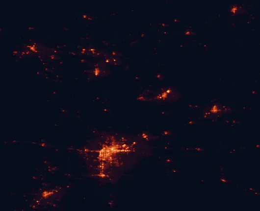 Satellite night-light map of the 100 km around Alibates Flint Quarries National Monument, with Amarillo, Borger and Dumas marked
