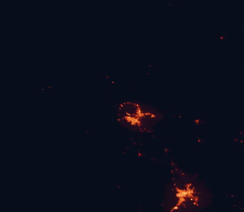 Satellite night-light map of the 100 km around Amistad National Recreation Area, with Ciudad Acuña, Piedras Negras and Del Rio marked
