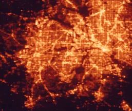 Satellite night-light map of the 50 km around Arlington, with Dallas, Fort Worth and Grand Prairie marked