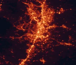 Satellite night-light map of the 50 km around Austin, with Round Rock, Cedar Park and Pflugerville marked
