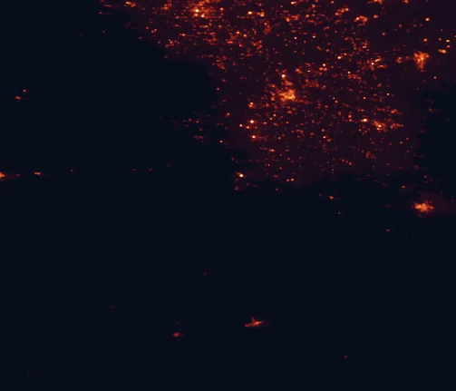 Satellite night-light map of the 100 km around Balmorhea State Park, with Pecos and Fort Stockton marked
