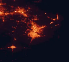 Satellite night-light map of the 50 km around Brownsville, with Harlingen, Valle Hermoso and San Benito marked