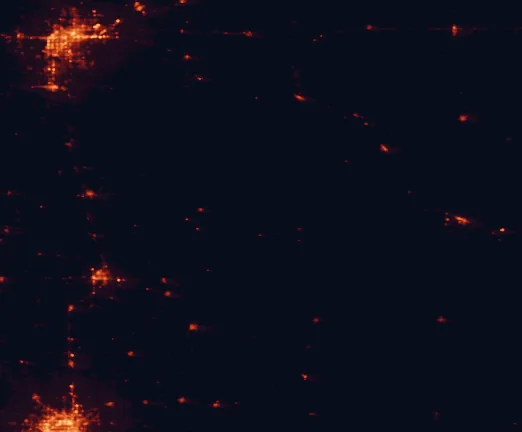 Satellite night-light map of the 100 km around Caprock Canyons State Park and Trailway, with Amarillo, Plainview and Canyon marked