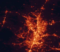 Satellite night-light map of the 50 km around Cedar Park, with Austin, Round Rock and Leander marked