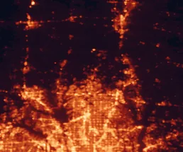 Satellite night-light map of the 50 km around Celina, with Plano, McKinney and Frisco marked