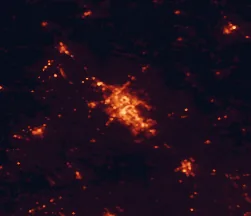 Satellite night-light map of the 50 km around College Station, with Bryan, Navasota and Hearne marked