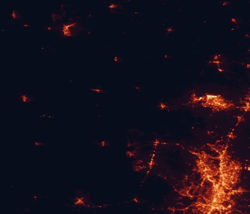 Satellite night-light map of the 100 km around Colorado Bend State Park, with Austin, Killeen and Round Rock marked