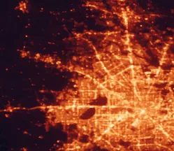 Satellite night-light map of the 50 km around Cypress, with Houston, The Woodlands and Pasadena marked