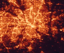 Satellite night-light map of the 50 km around Dallas, with Arlington, Irving and Garland marked