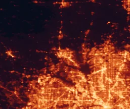 Satellite night-light map of the 50 km around Denton, with Plano, Irving and Frisco marked