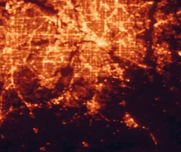 Satellite night-light map of the 50 km around DeSoto, with Dallas, Fort Worth and Arlington marked