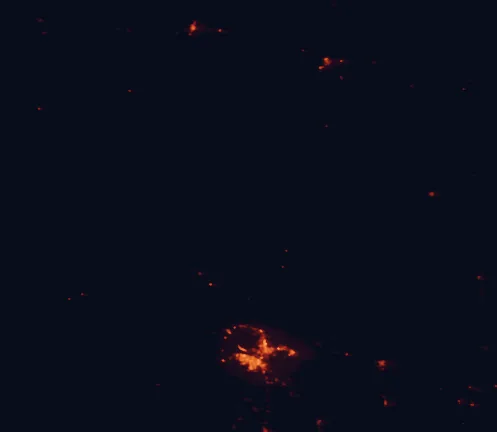Satellite night-light map of the 100 km around Devils River State Natural Area, with Ciudad Acuña and Del Rio marked