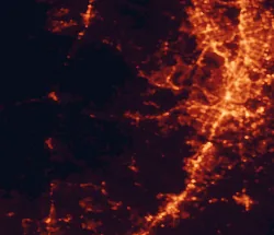 Satellite night-light map of the 50 km around Dripping Springs, with Austin, Round Rock and San Marcos marked