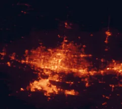 Satellite night-light map of the 50 km around Edinburg, with Reynosa, McAllen and Pharr marked