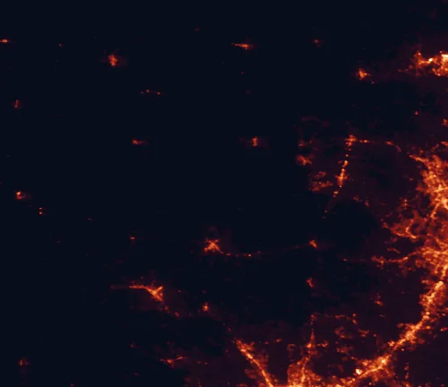 Satellite night-light map of the 100 km around Enchanted Rock State Natural Area, with New Braunfels, Leander and San Marcos marked