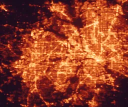 Satellite night-light map of the 50 km around Euless, with Dallas, Fort Worth and Arlington marked
