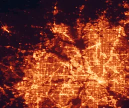 Satellite night-light map of the 50 km around Flower Mound, with Dallas, Fort Worth and Arlington marked