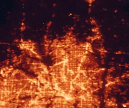 Satellite night-light map of the 50 km around Frisco, with Dallas, Fort Worth and Plano marked