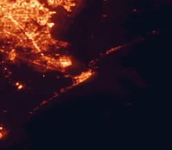 Satellite night-light map of the 50 km around Galveston, with Pasadena, League City and Texas City marked