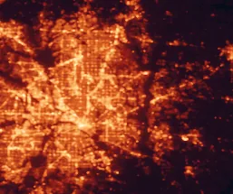 Satellite night-light map of the 50 km around Garland, with Dallas, Plano and Arlington marked