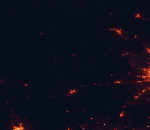 Satellite night-light map of the 100 km around Garner State Park, with Uvalde, Kerrville and Hondo marked