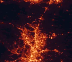 Satellite night-light map of the 50 km around Georgetown, with Austin, Round Rock and Cedar Park marked