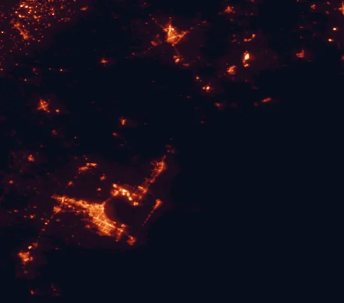 Satellite night-light map of the 100 km around Goose Island State Park, with Corpus Christi, Victoria and Rockport marked