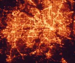 Satellite night-light map of the 50 km around Grand Prairie, with Dallas, Fort Worth and Arlington marked