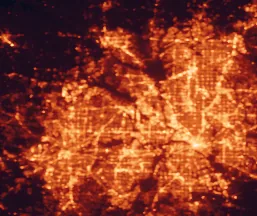 Satellite night-light map of the 50 km around Grapevine, with Dallas, Fort Worth and Arlington marked