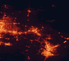 Satellite night-light map of the 50 km around Harlingen, with Heroica Matamoros, Brownsville and Ciudad Río Bravo marked